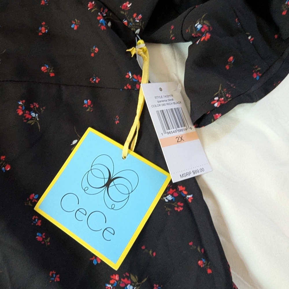 CeCe 2x Black Floral Blouse with Ruffle Sleeves - Picture 7 of 8